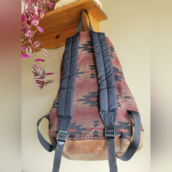 Vintage 90s Jansport Leather Aztec Backpack Burgundy Tan Black Made In USA - Picture 2 of 10